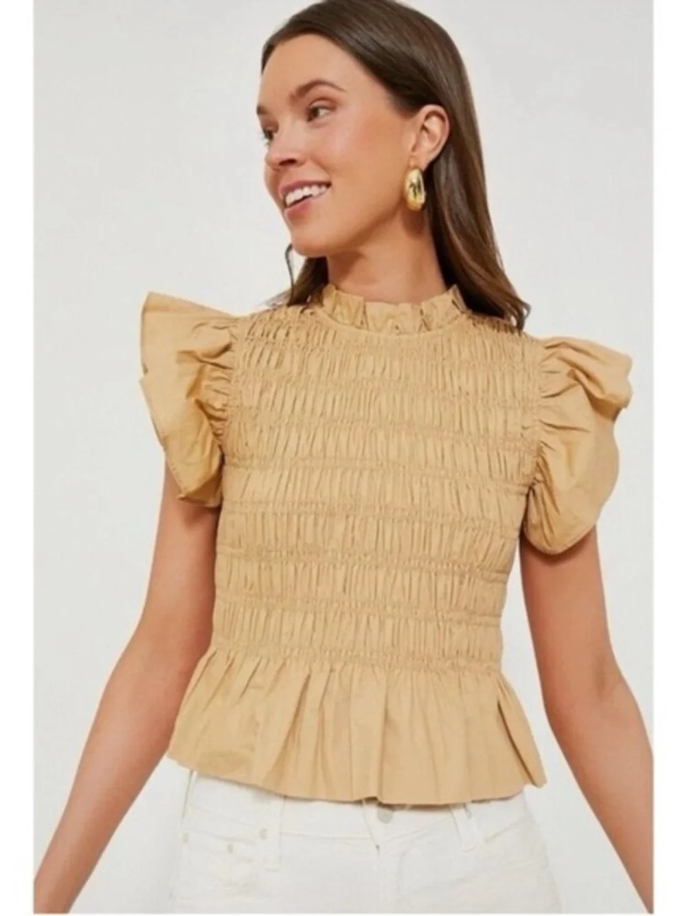 Tuckernuck Hyacinth House Nadine Smocked High Neck Peplum Tan Top Sz XL NWT